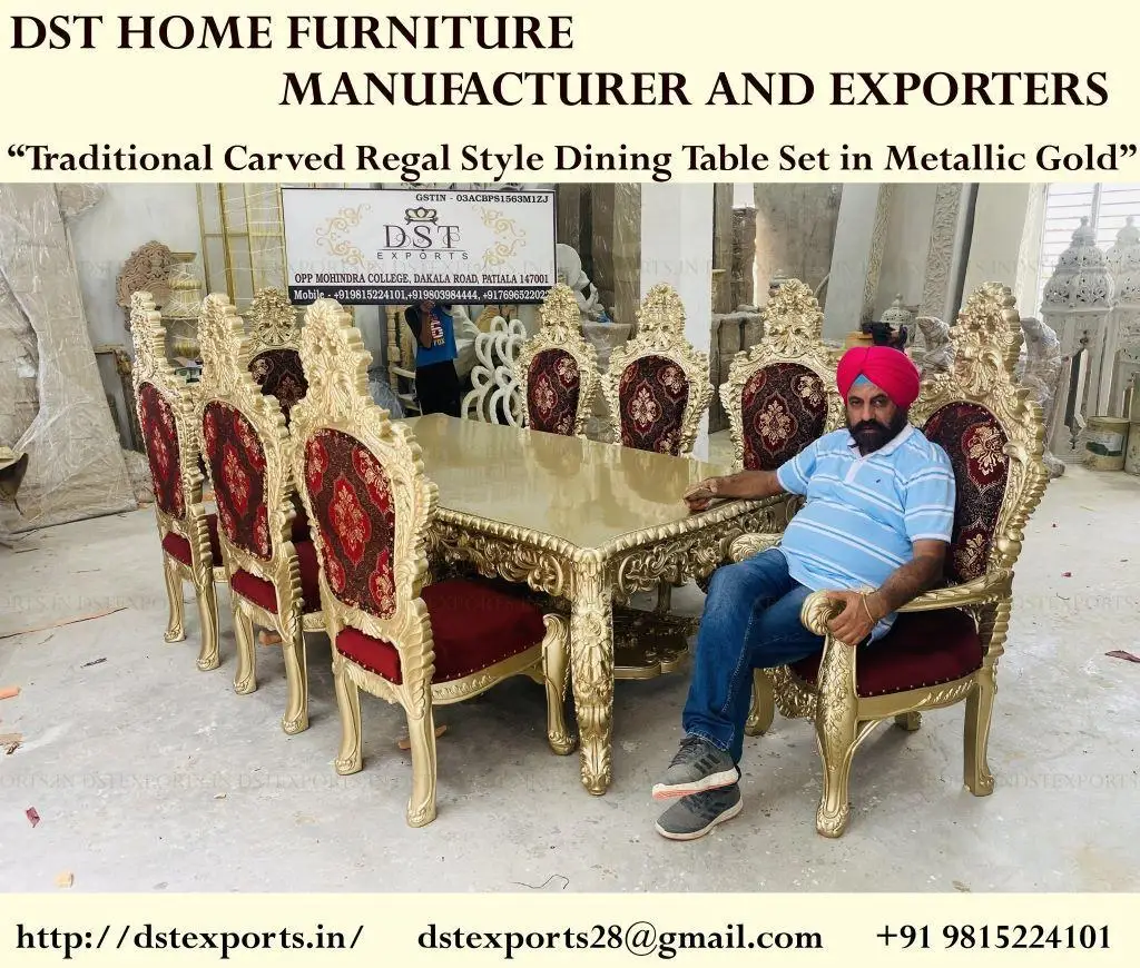 Russian Style Hand Carved Black Gold Dining Table Latest Handcrafted Gold Polished Dining Designer Heavy Crafted Dining Room Set