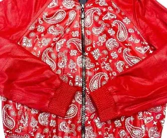 Red Cowhide Leather Paisley Print Perforated leather Sleeves Bomber Jacket