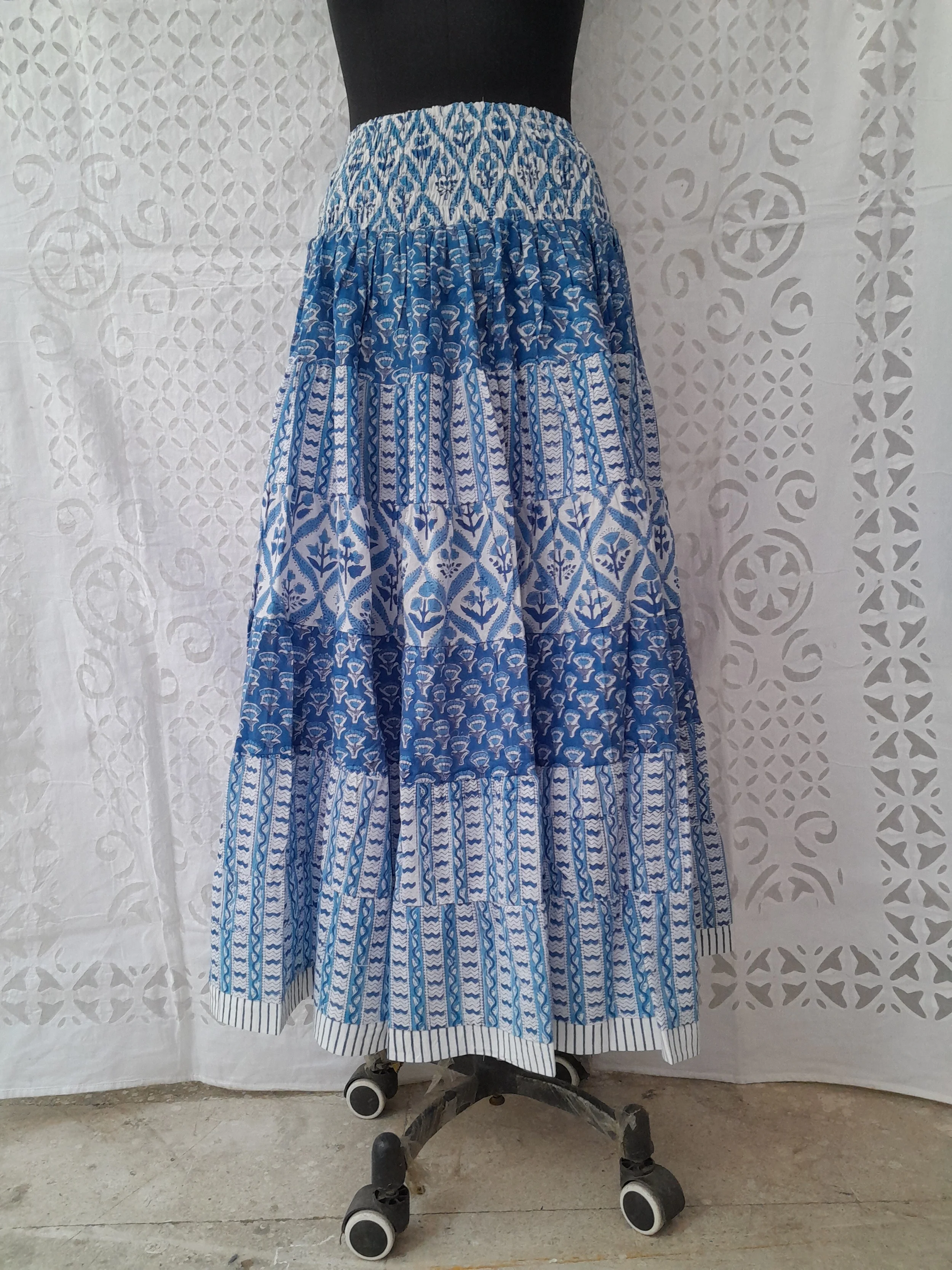 Beautiful New Arrival Hand Block Print One Tire Skirt With Smoking Waist & Sewing Pattern Designer, Colorful Bohemian Long Skirt