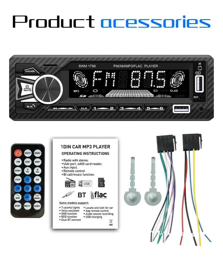 Car Radio Stereo Player 1 DIN Digital BT MP3 Player 7 Color Button Light Design Radio Broadcast Built-in BT 5.1 Version