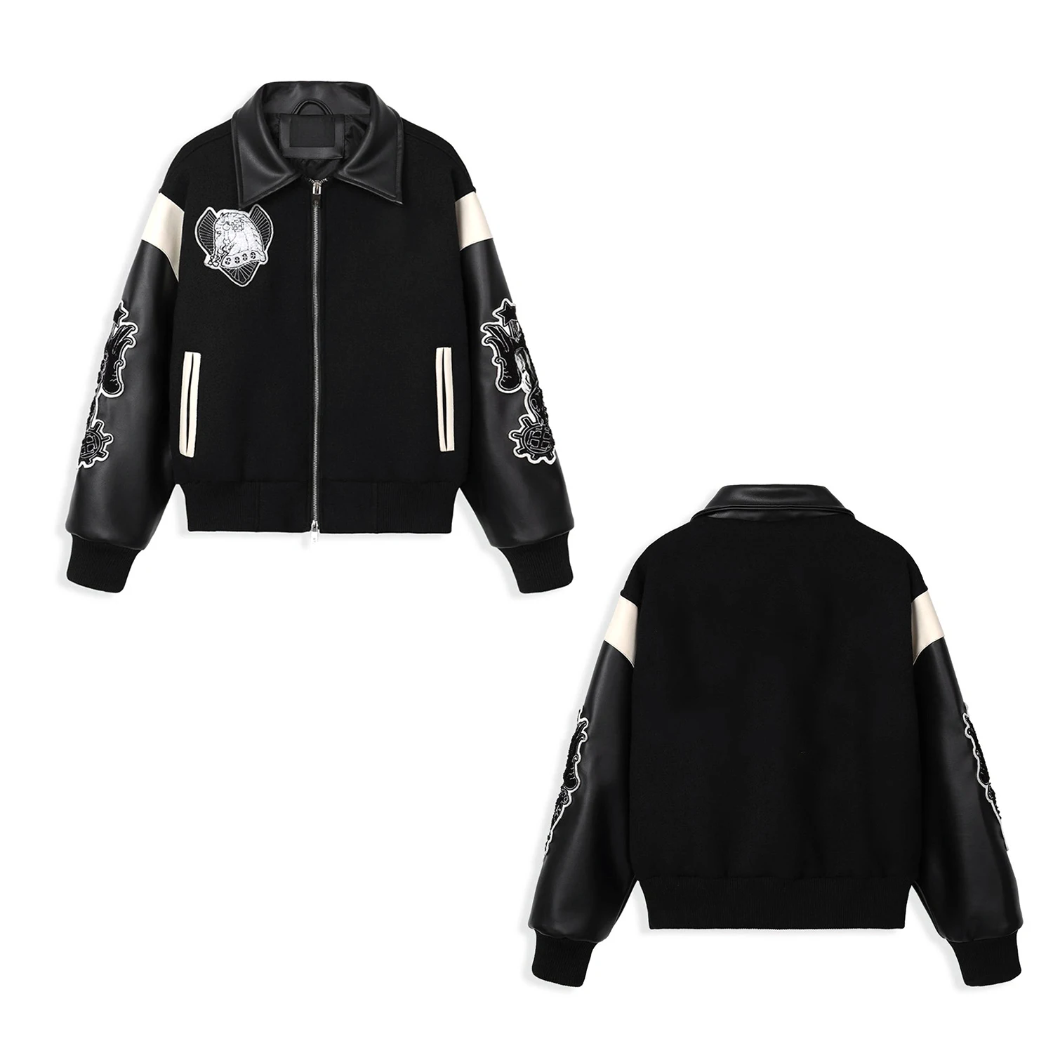Black Wool Grey Sleeve Fashionable Letterman Baseball Varsity Jacket Stand Down Caller Button Closure Varsity Jacket For Men