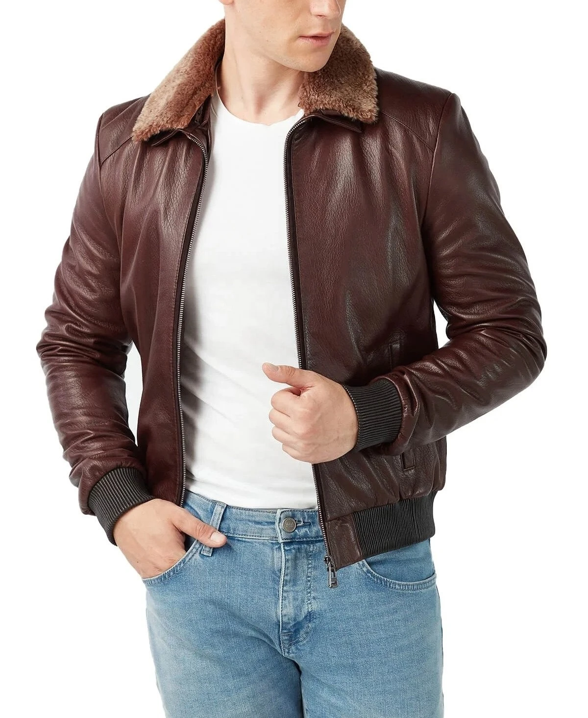 Wholesale Brown Genuine Sheepskin Fur Collar Waist Length Jumbo Leather Bomber Jacket  Winter Plus Size Leather Jackets For Men