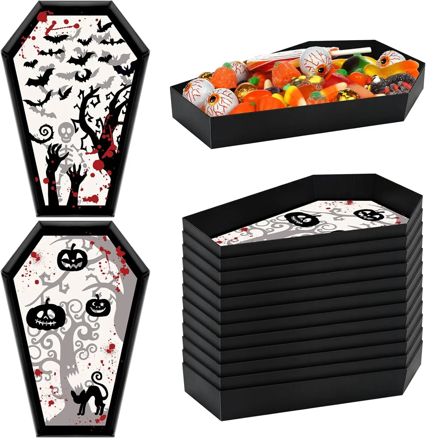 Halloween Paper Coffin Tray Coffin Bowl with Witch Spider Bat Pumpkin Halloween Serving Tray Disposable