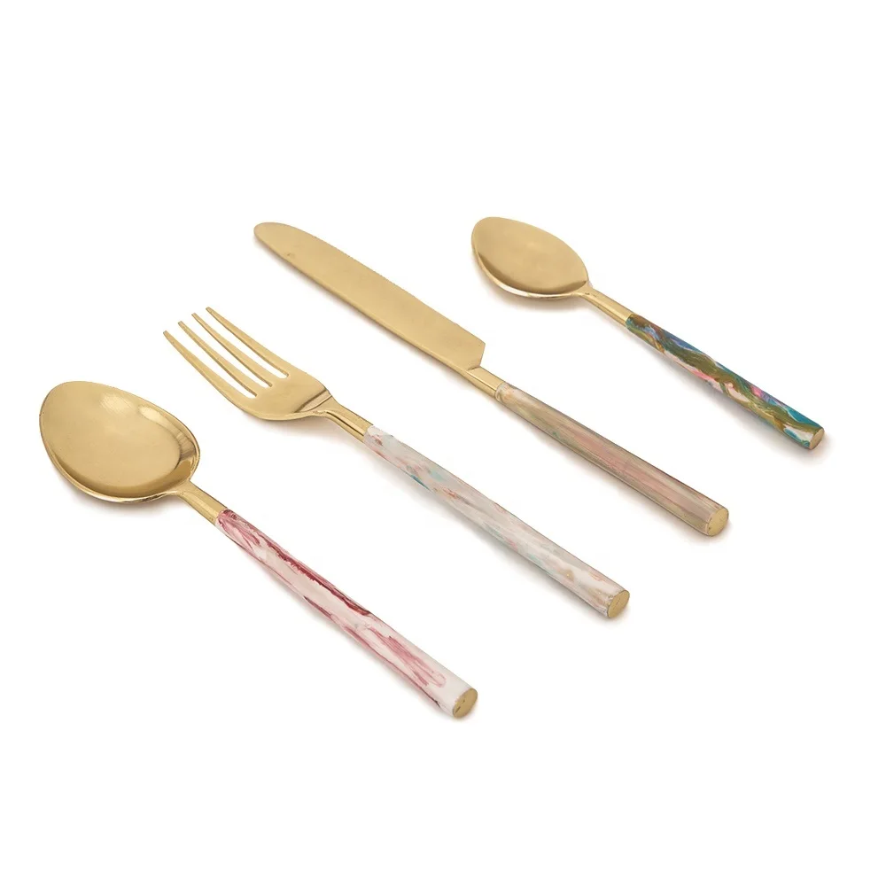 Golden Cutlery Set with Wooden Handle Grip Spoons Forks Set Round Slaty Wood By United Handicrafts
