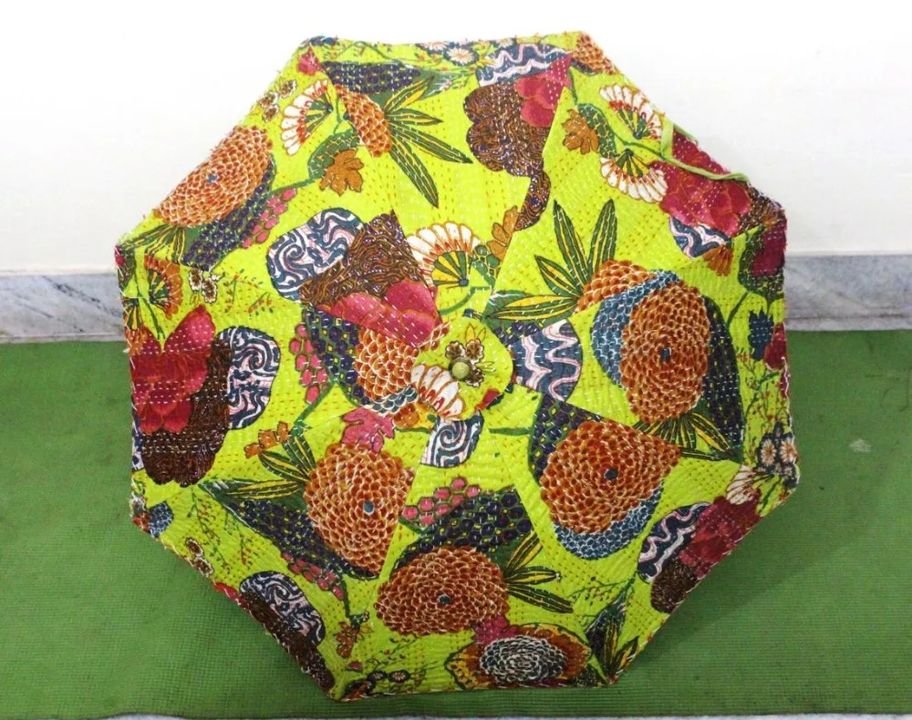 Indian Umbrella Cotton Fabric Kantha Patchwork Decorative Parasol Hand Stitch Thread Work Sun Protection Umbrella Canopy