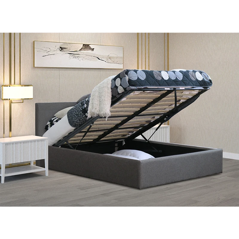 PRADO OTTOMAN Fabric Grey Color Bed Frame with End Open Storage Space Suitable for Dark Theme Interior Design