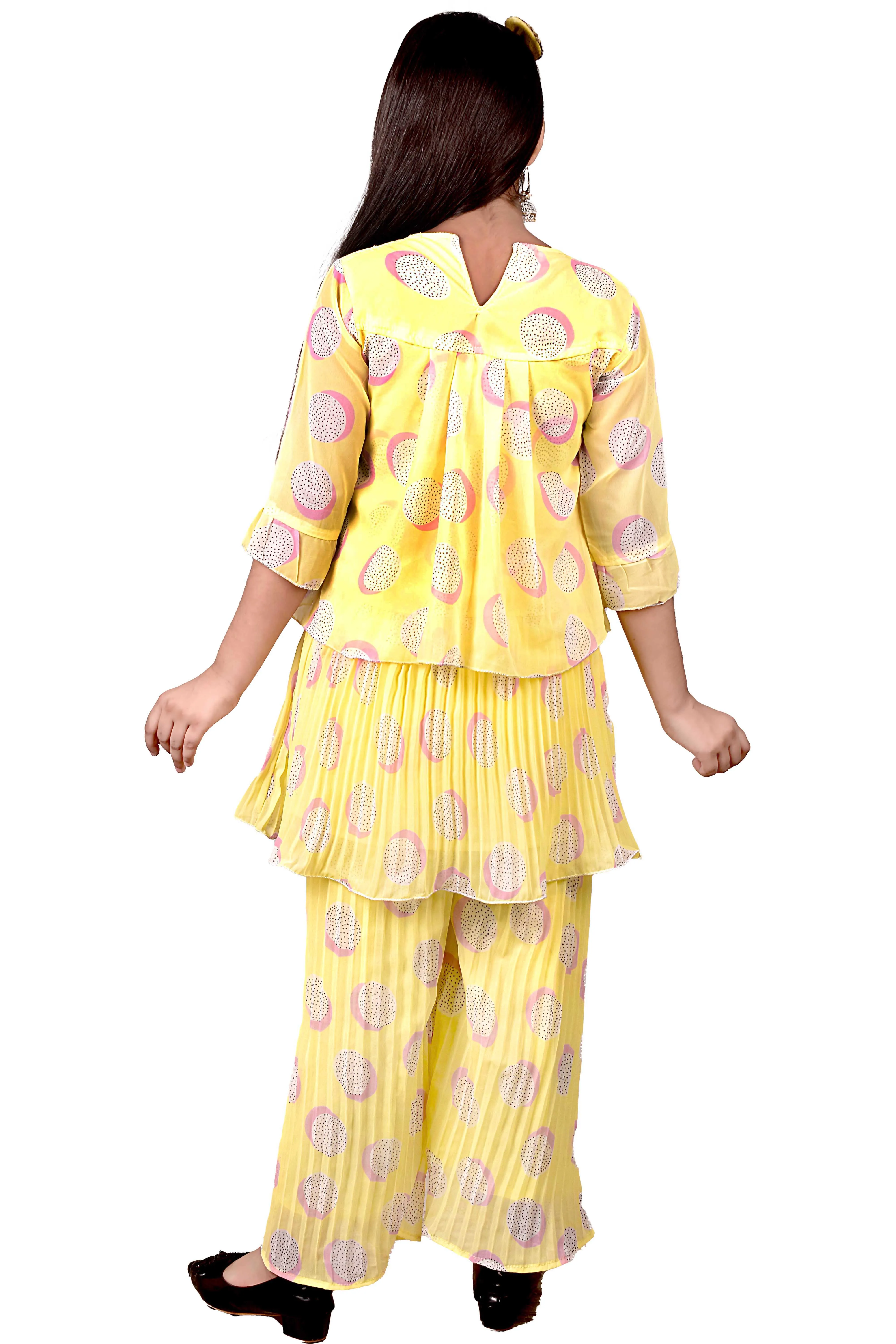 High on Demand New Design Indian Exporter Girls Clothing Cotton and Chiffon Kurti Plazzo Set for Festive Wear