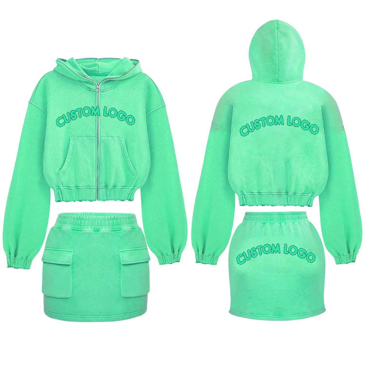 Womens Clothing Sexy Ladies Long Sleeve Crop Top Hoodie and Skirt Suits Solid Color Two Piece Long Skirt Set Plain Dyed