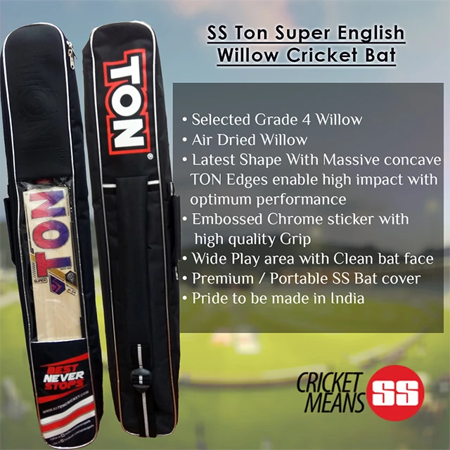 Ton Super English Willow Cricket Bat with bat cover sports equipments with embossed chrome sticker