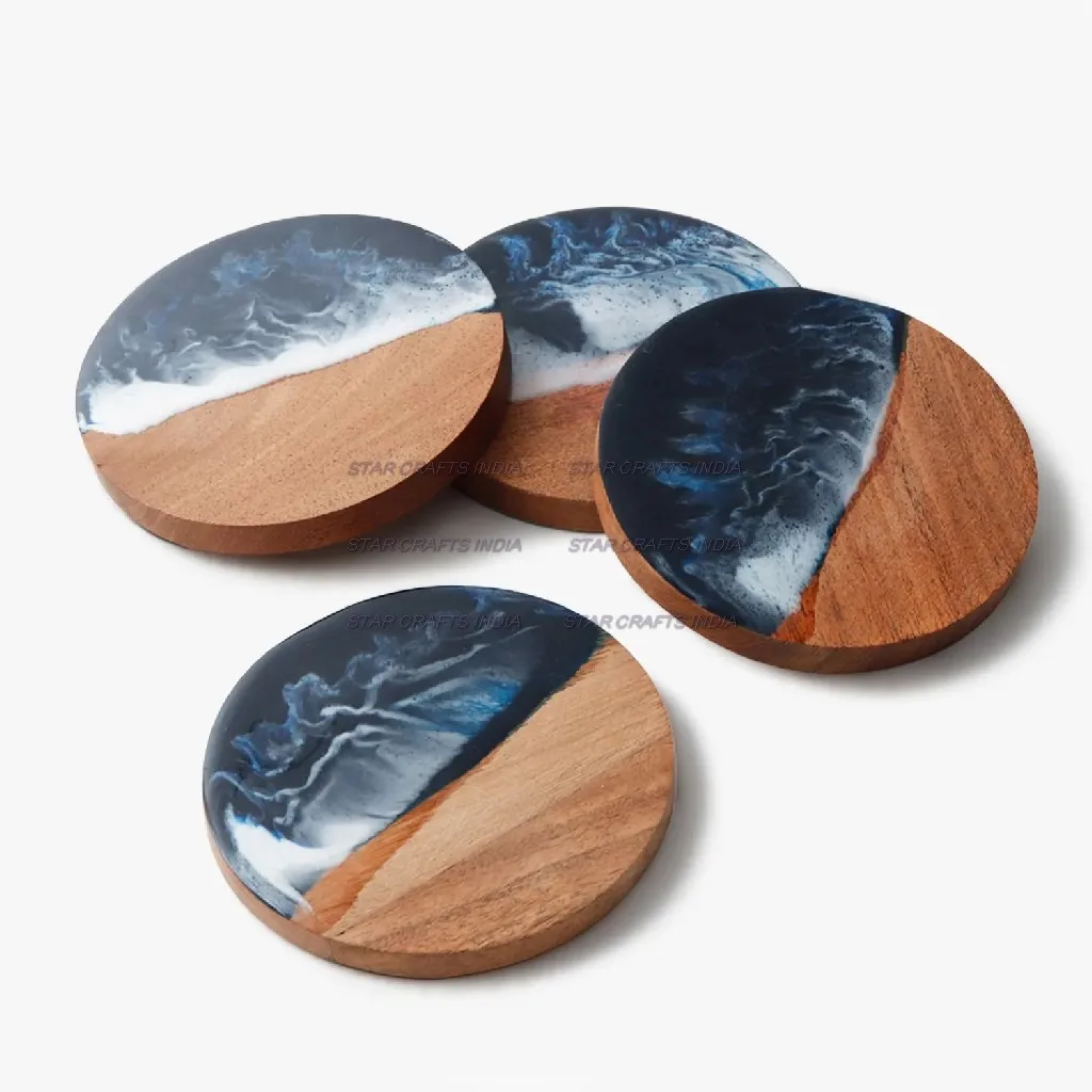New Design Custom Logo Wood And Resin Round Shape Blue and white Color Zig zag Design Coasters Set Manufacturer Unique Quality