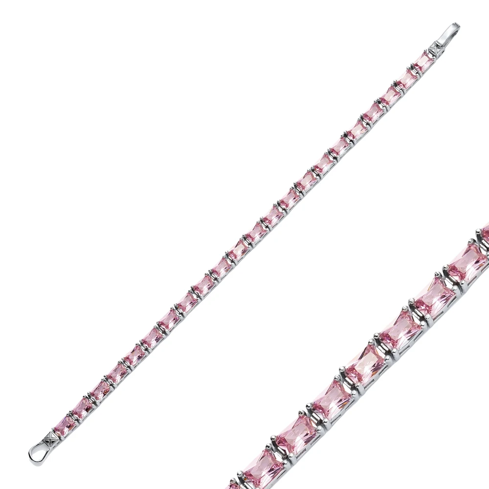 Pink CZ Stone Rectangle Baguette Cut 925 Sterling Silver Wholesale Turkish Handmade Tennis Bracelet