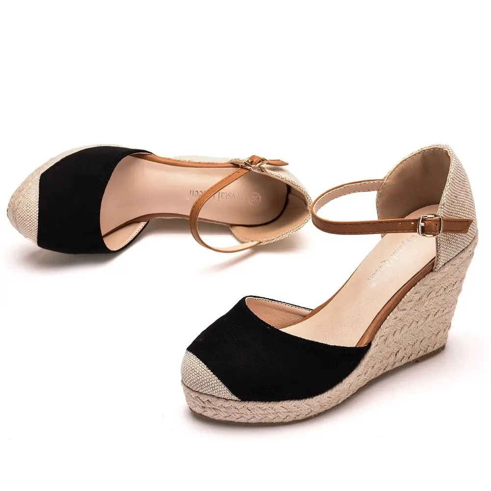 Custom Logo OEM Jute Sole Women Espadrille Shoes Round Toe Ankle Strap Wedge Sandals