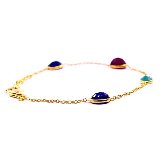 Everyday Wear Sterling Silver 925 Gold Plated Emerald Ruby Sapphire Adjustable Chunky Chain Bracelets