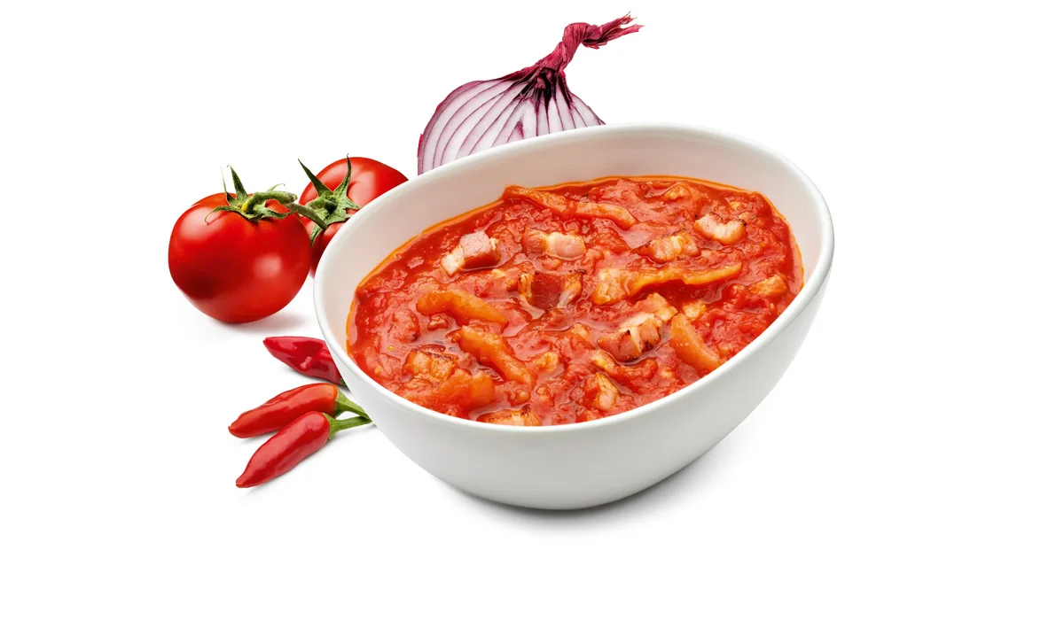 Italian food products ready to eat ready meals frozen amatriciana with tomatoes sauce and bacon for pasta