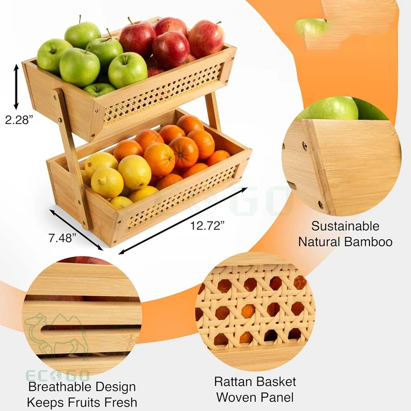 Natural Bamboo Custom Fruit Bowl Basket Food and Vegetables Holder Fruit Basket Drainer Rack Storage Fruit Basket