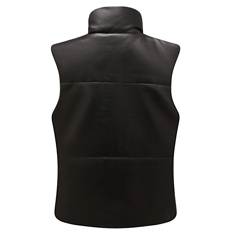 Sleeveless Fur Black Leather Vest for Women Plus Size Motorbike Leather Vest Trendy Cowhide Leather Waistcoat