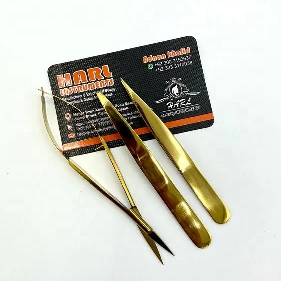 Gold Plasma slanted Eye Brow Tweezers and spring scissor Custom Label pointed eyebrow tweezers and eyelash scissor makeup tools