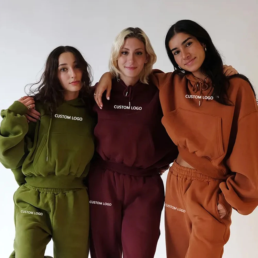 New Tracksuit Women Solid Jogging Suits Fleece Warm Hoodies 2 Piece Set Autumn Winter Fashion Oversized Custom Sweatsuit