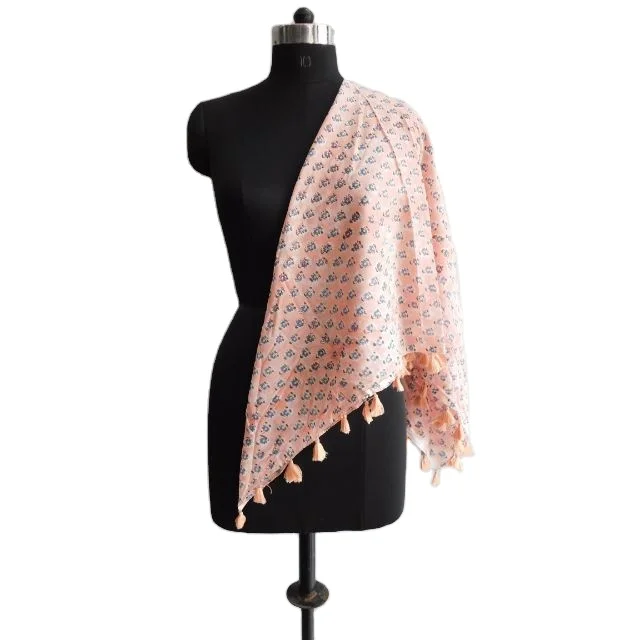 Pink Soft Cotton Women Summer Wear Scarf Indian Hand Block Floral Printed Tassel Shawl Stole Bandana Dupatta