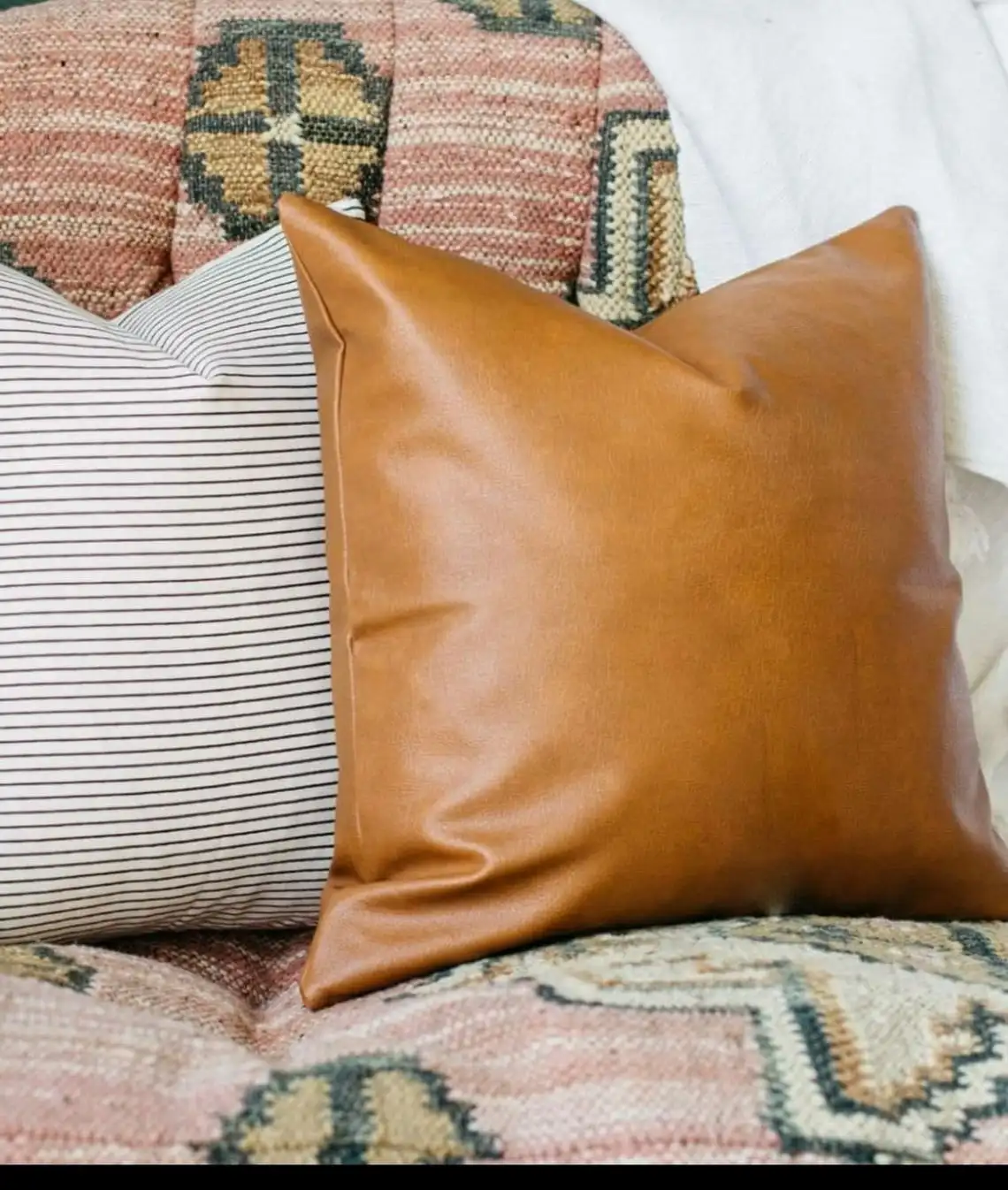 Tan Pure Leather Pillow Covers Luxurious Vintage Pattern Cushion Covers for Home for Sofa Bed Living Room