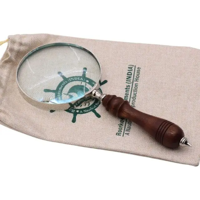 10x Wood Handheld Magnifying Glass Lance with Heavy Cloth Storage Pouch Loupe Brass Fitting Magnifier
