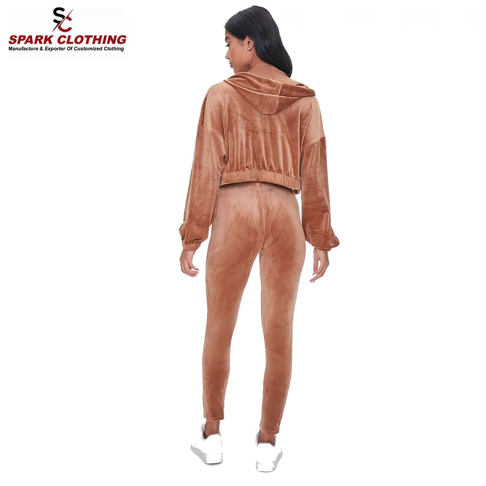Hot Sell Ladies Velvet Tracksuits Zip Up Crop Hood With Durable Trouser Outdoor Girls Sweatsuits With Custom Logo