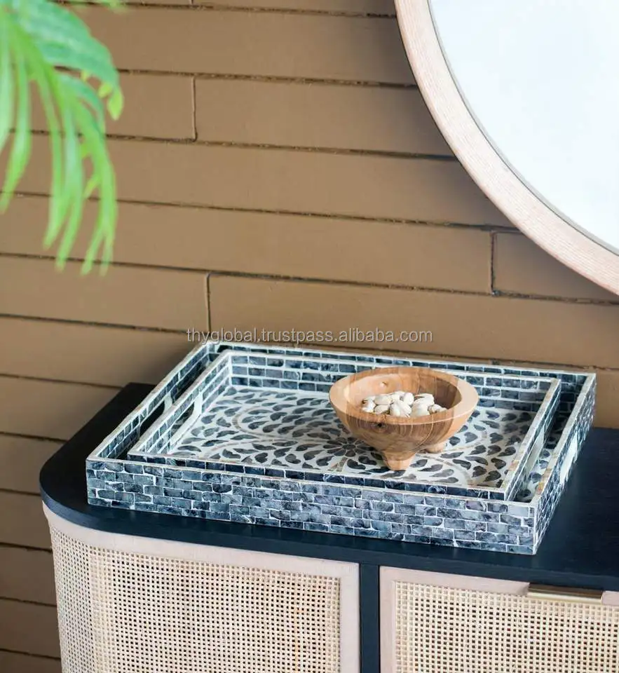 Handcrafted Antique Mother of Pearl Rectangle Shape Serving Tray Floral Blue Decorative Trays Customized Handmade From Vietnam