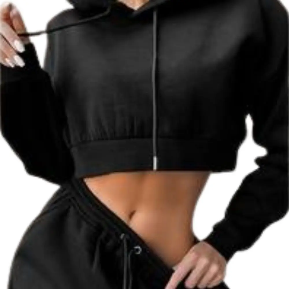 Cropped Solid Casual Streetwear Two Piece Jogger Suit Women Sweatshirts Pullover Hoodie Set Women Long Sleeve Full OEM Service