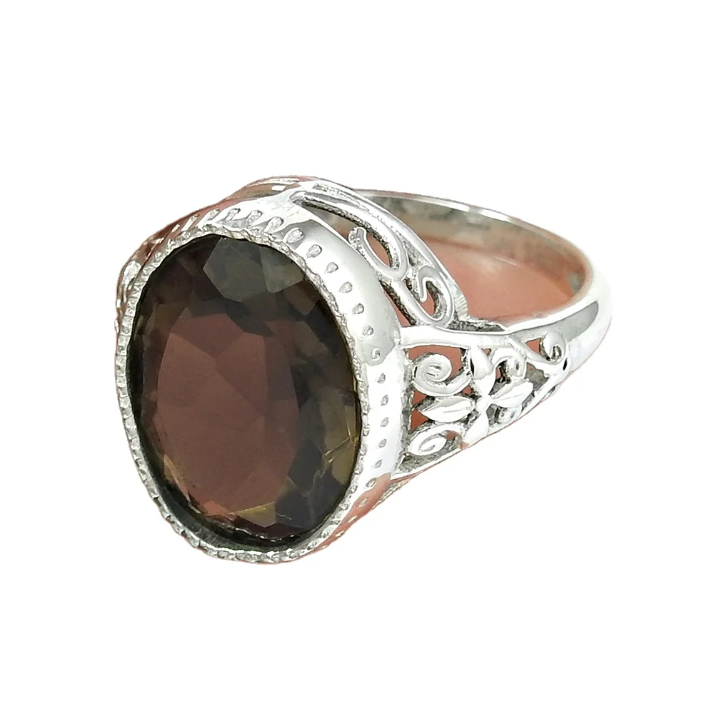 New Elegant Jewelry 925 Sterling Silver Natural Smoky Quartz Gemstone Oval Shape Ring For Women Girls Wholesale Price Suppliers