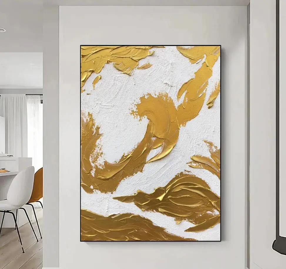 Large Minimalist Gold Oil Painting on Canvas Modern Gold Foil Texture Acrylic Painting Living Room Wall Art Home Deco