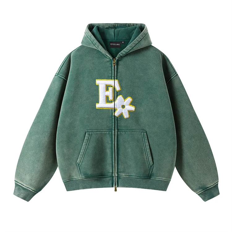 Custom Embroidery Unisex Acid Wash Faded 400Gram Boxy Zip Up Street Wear Hoodies