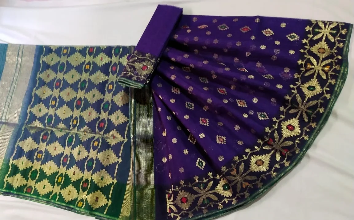 Deshi Dhakai jamdani zamdani Shari for women JAMDANI FABRIC blue RED GREEN Golden sky blue