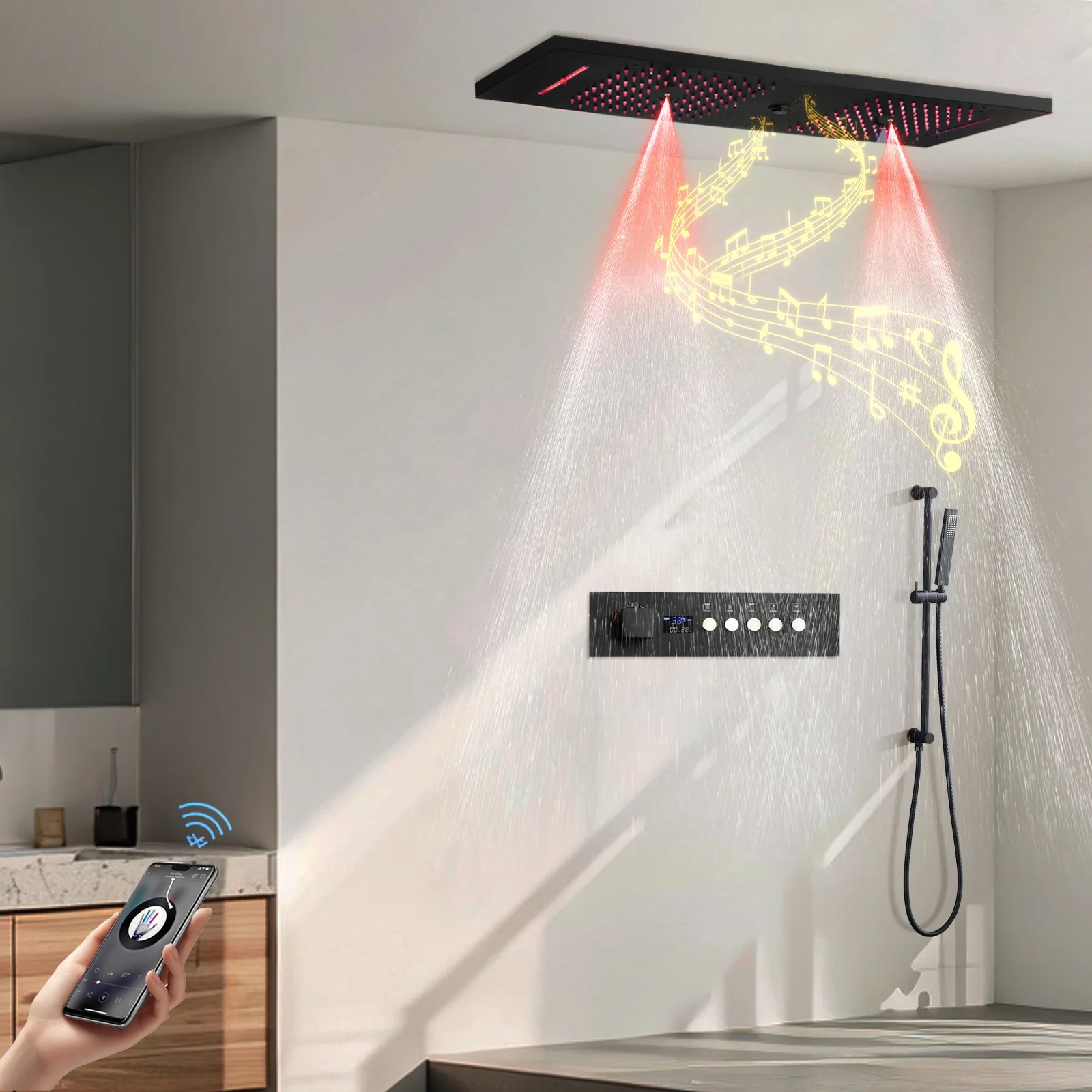 12 X 36 inch Ceiling Led Rain Shower Head with Music Speaker System  Bathroom LED Display Thermostatic Shower Fixtures Set
