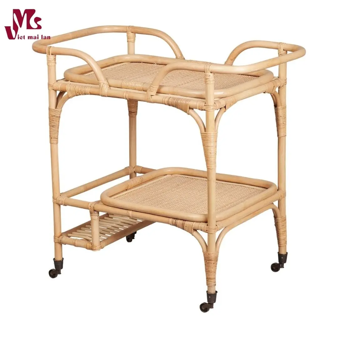 Round Rattan Side Table Rattan Bar Cart with Rolling Foot Woven Side Table Natural Brown Rattan Wine Cart