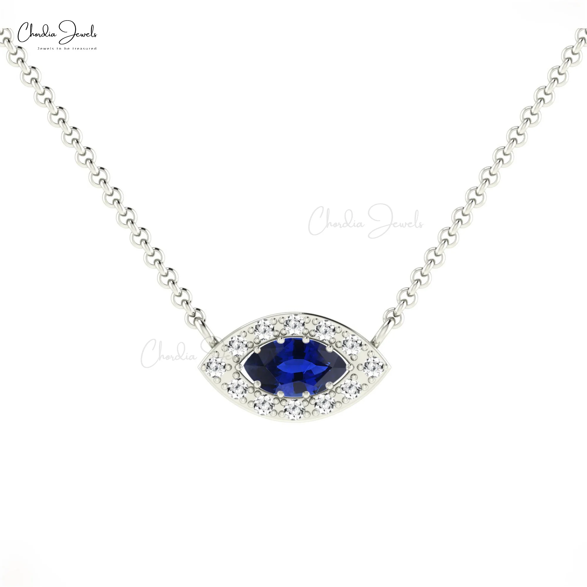 Genuine 0.20ct Blue Sapphire Gemstone & Pave Diamond Halo Chain Necklace 14k Real Gold Jewelry Free Shipping Items for Ladies