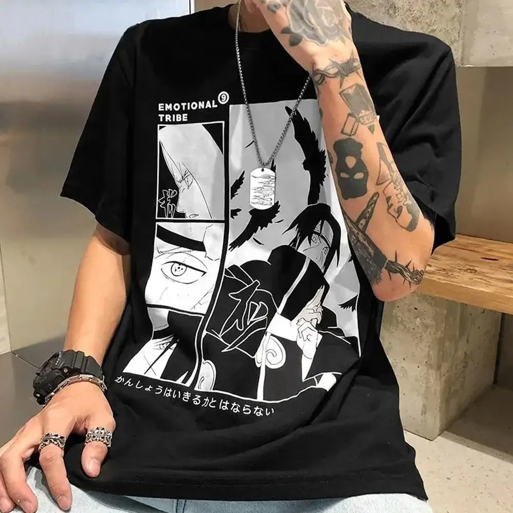 Custom Logo Printed Cotton Men T-Shirt Vintage Street Oversized Shoulder Drop Shoulder Graphic Anime Print T Shirts For Men