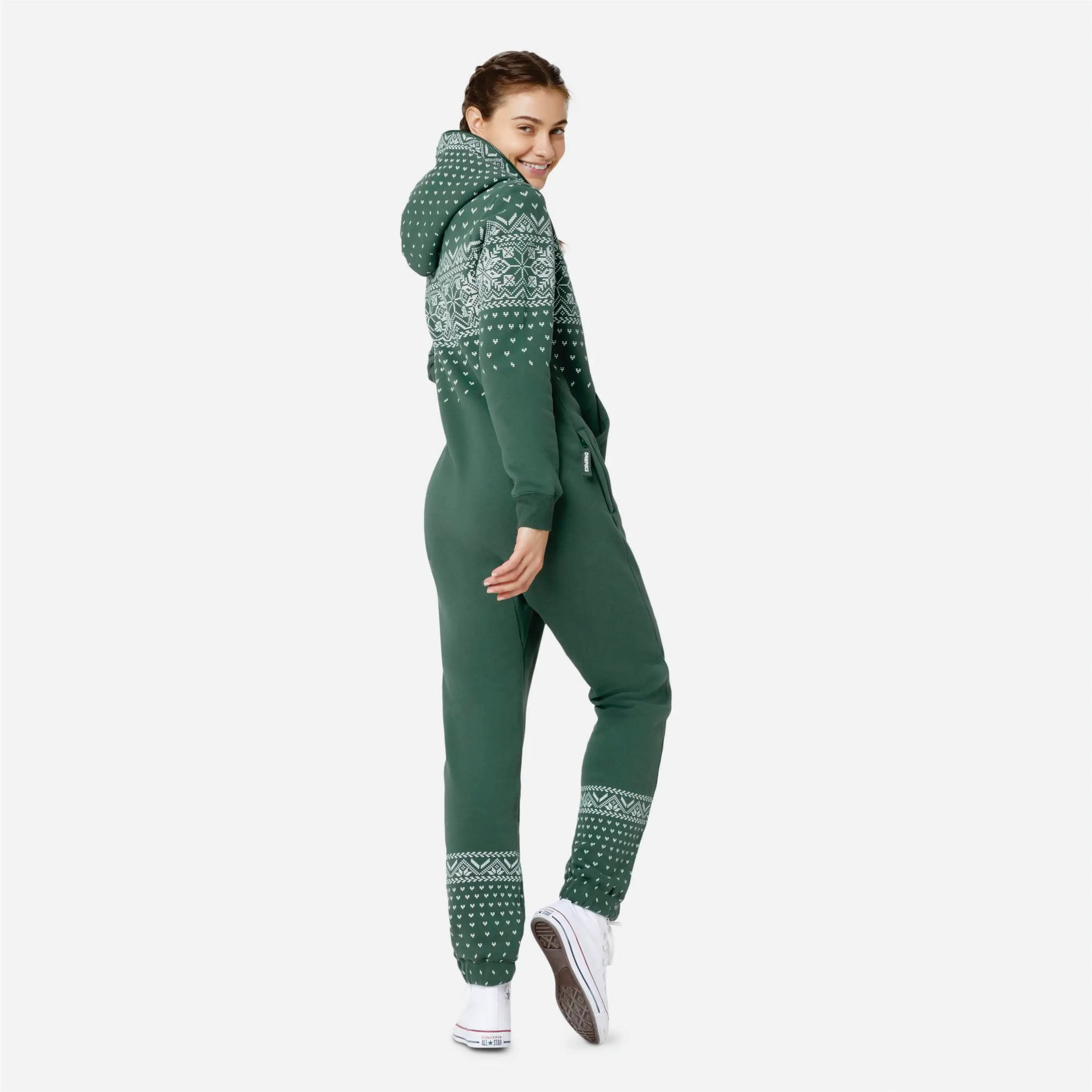 Print Detail and Embroidered Logo 50% Polyester 50% Cotton Side Pockets with Zipper Closure Unisex Green Alpine Jumpsuit