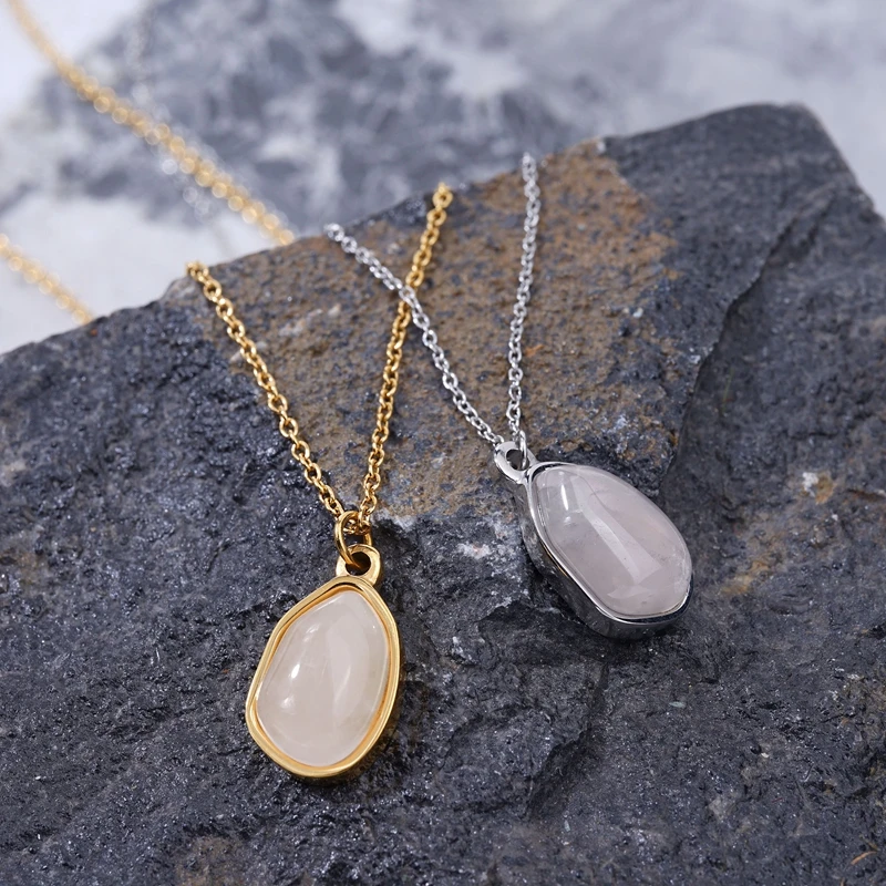 Gold Plated Stainless Steel Jade Stone Crystal Necklace Healing Natural Precious Stones Pink Quartz Necklace