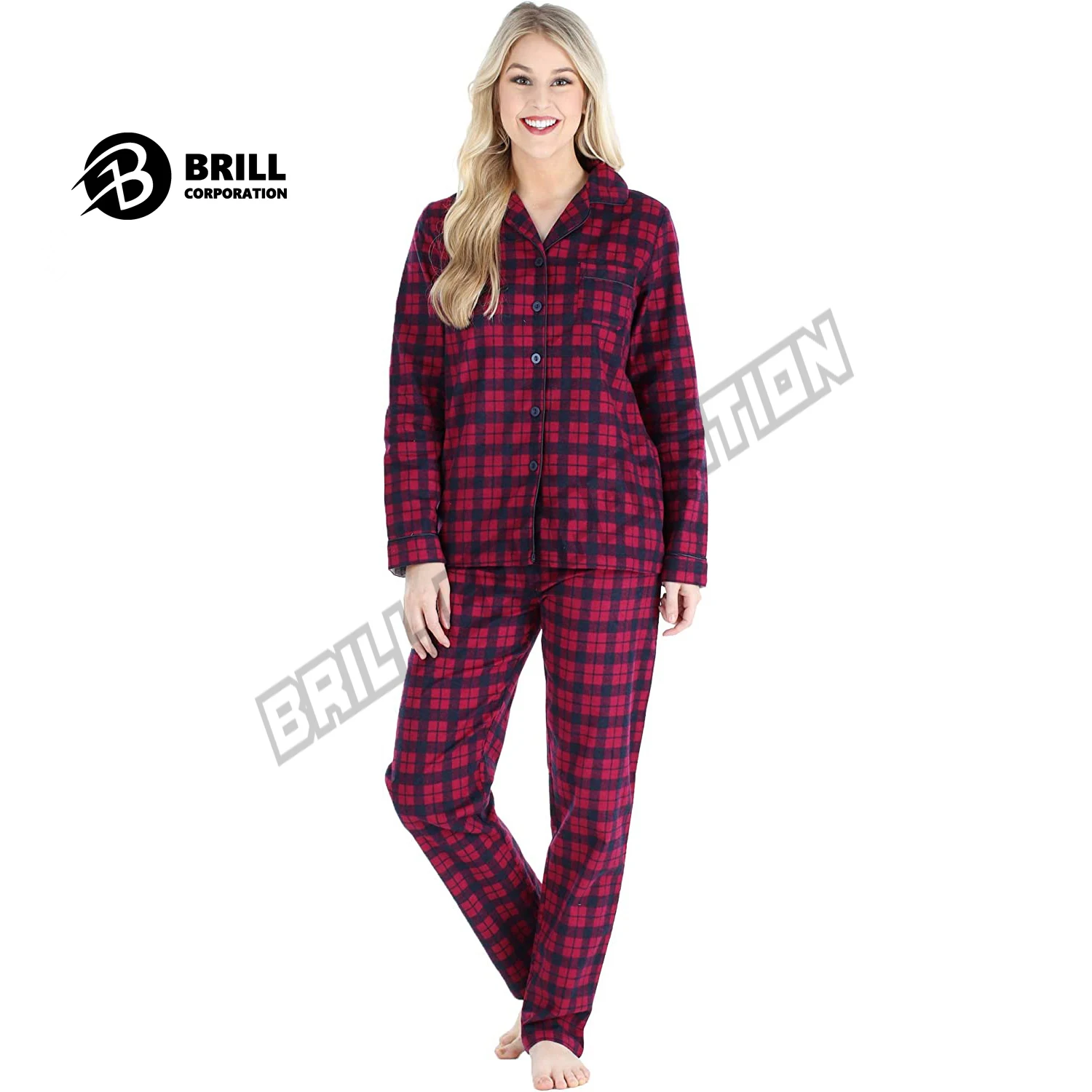 Women Flannel Sleepwear 2 Piece Set | 100% Cotton Plaid Long Sleeve Shirt & Trouser 2 Piece Sleeping Suit Custom Logo