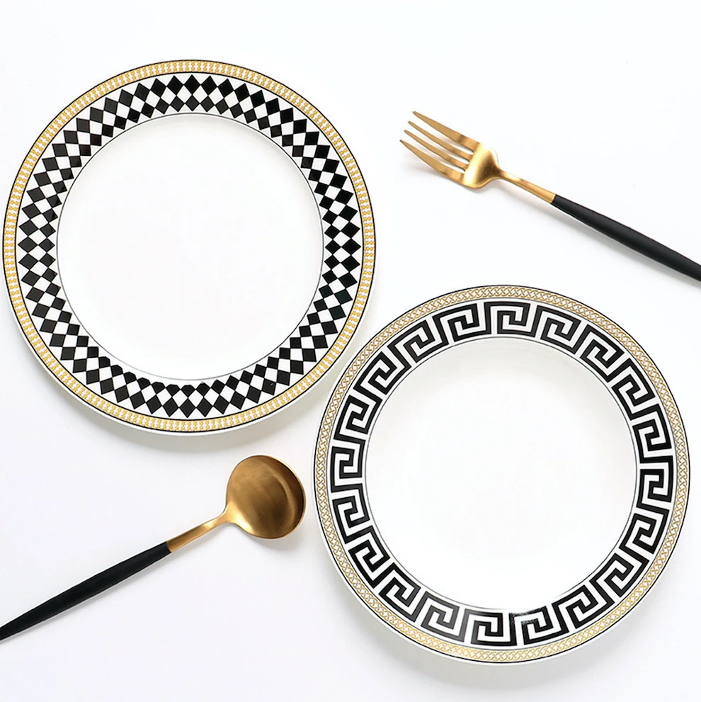 European Luxury Home Wedding Party Fine Dining Bone China Geometric Pattern Dinnerware Tableware Flatware Bowl Dishes & Plates