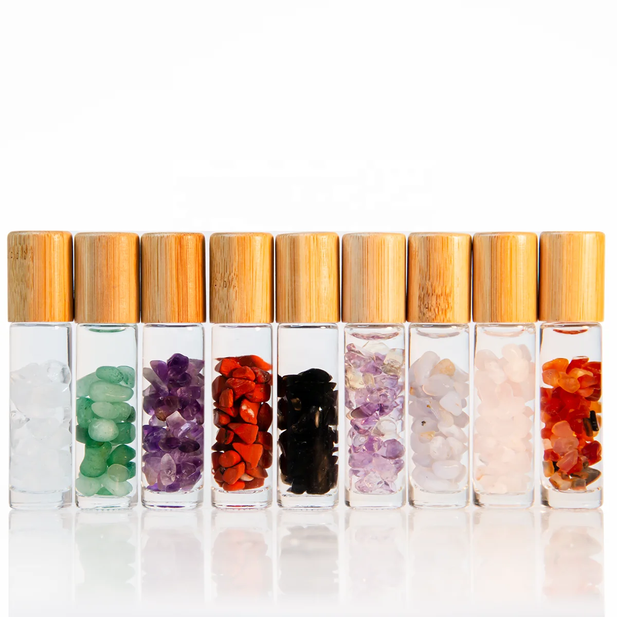 Best Quality Roll on Glass Perfume Bottle 10ml Natural Colored Gemstone Oil Glass Roller Bottles with Bamboo Lid