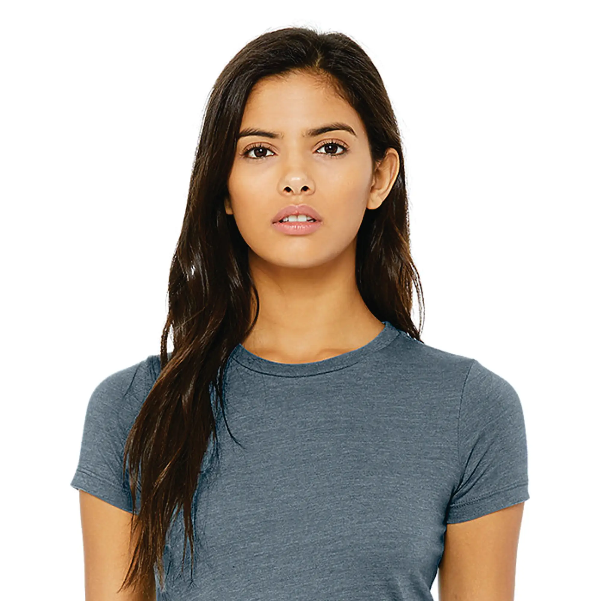 Shoulder Taping Longer Body Length 100% Airlume Combed and Ring Spun Cotton 32 Single 4.2 oz Heather Slate Womens Slim Fit T-Shi