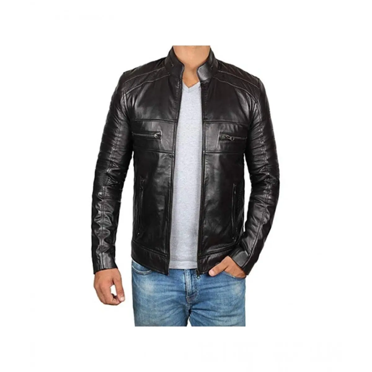 Customized Wholesale fashion men black solid cowboy jackets motorcycle style leather jackets Plush leather jacket