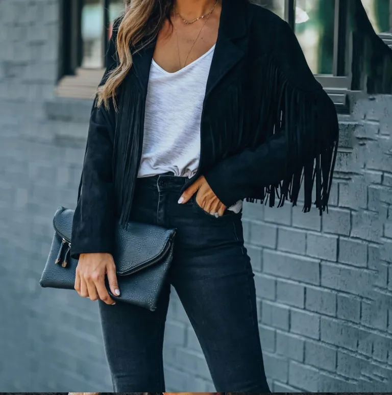 Womens Cool Jackets Western Fringe Cropped Top Tassel Faux Suede Coat e Motorcycle Clothing Biker Jacket