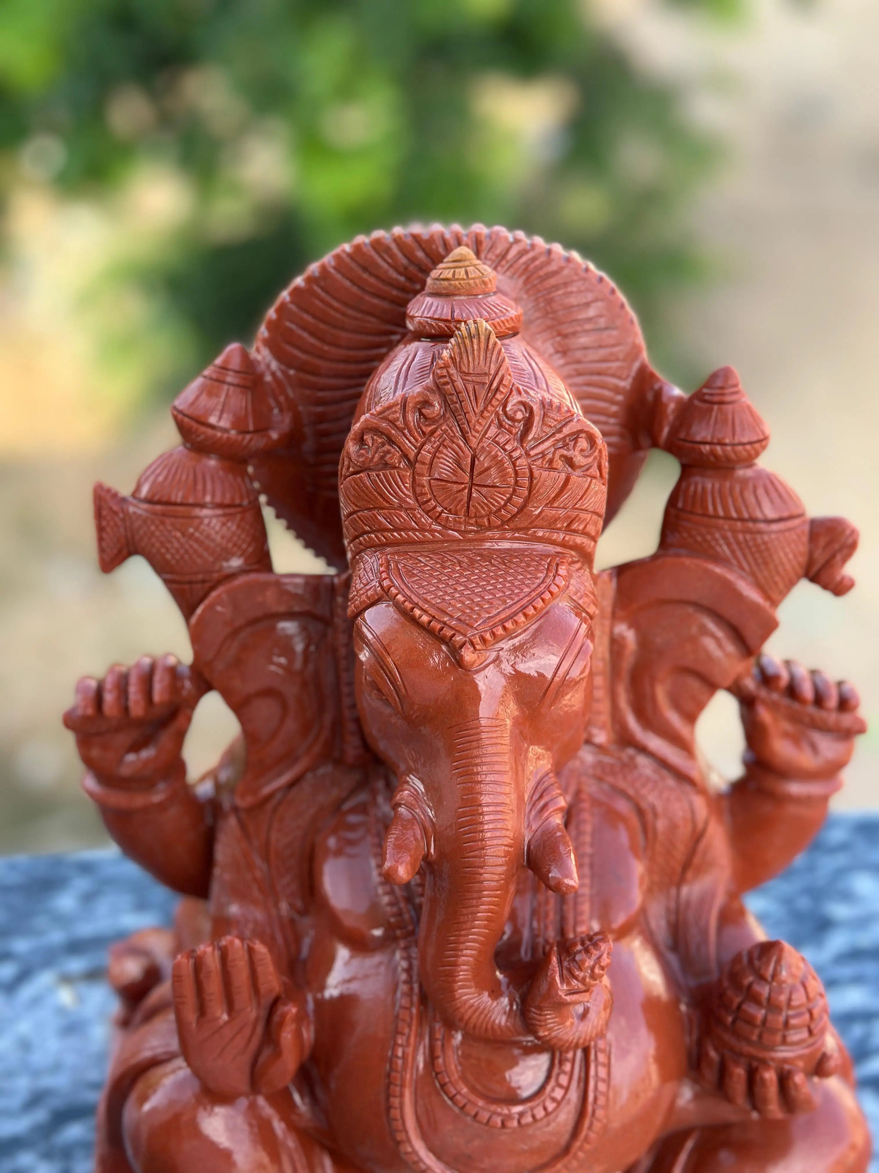 Handcrafted Red Aventurine Ganesha Carving Artistic Hindu Spiritual Healing Sculpture Natural Crystal Semi-Precious Jasper Stone