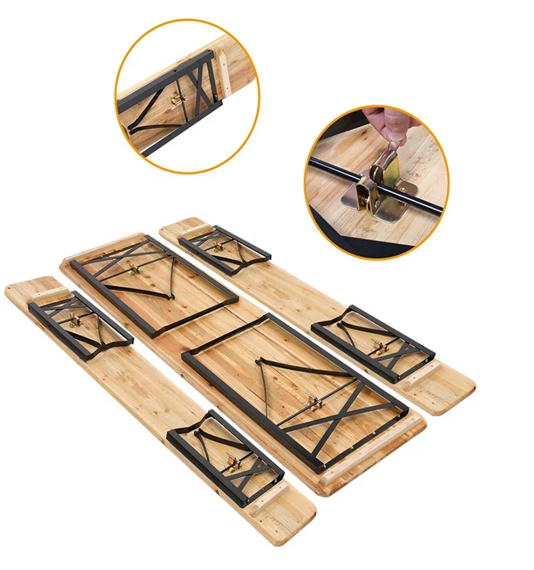 Outdoor Picnic Dining 6 FT Beer Foldable Solid Wooden Folding Table and Bench Set