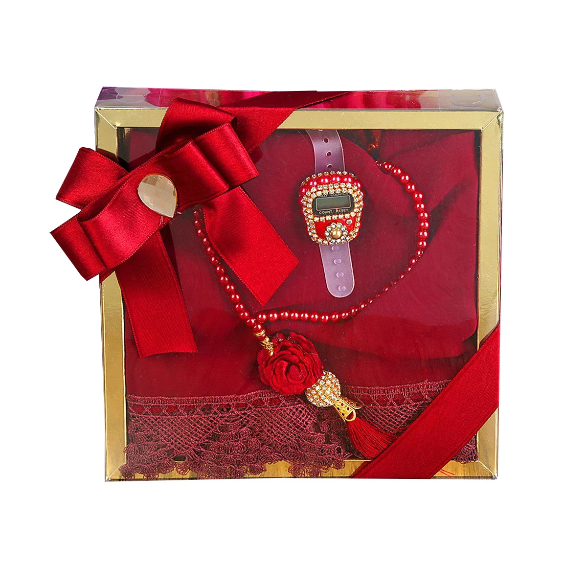 Gift Needle Embroidered Shawl, Knobbed Rose Pearl Rosary, Luxury Stone Chanting Acetate Mevlid Package - Claret Red (20*20)