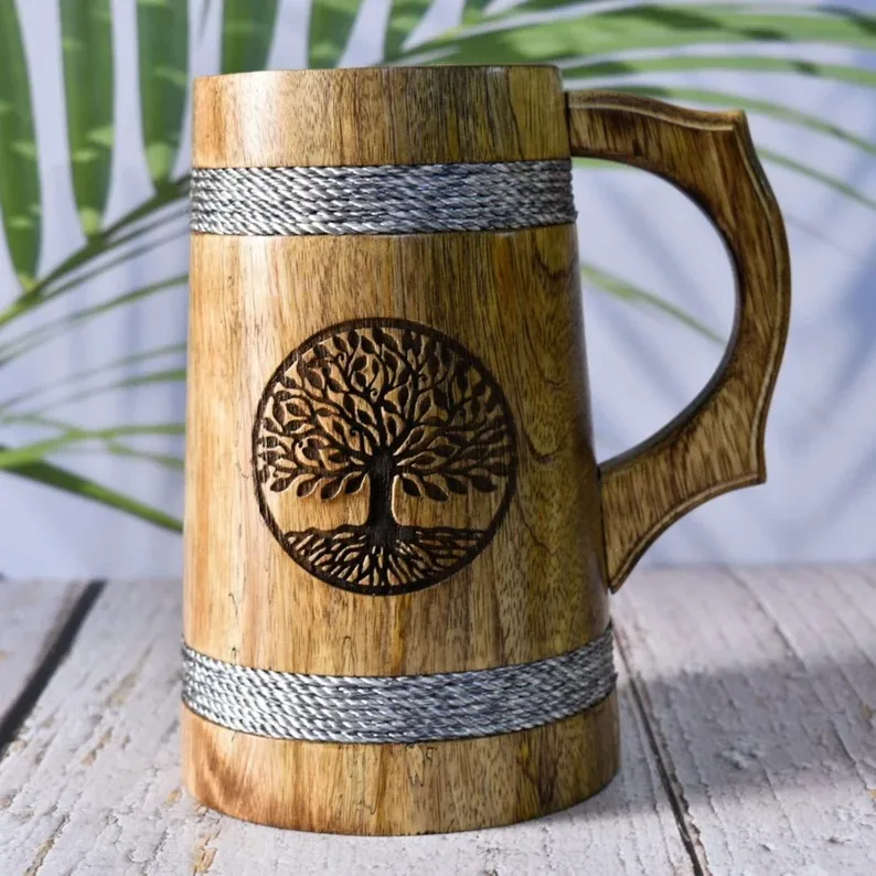 Handmade Beer  Mug Mango Wood Dark Natural  Eco Friendly Wooden Tankard Gift Barrel  Cup