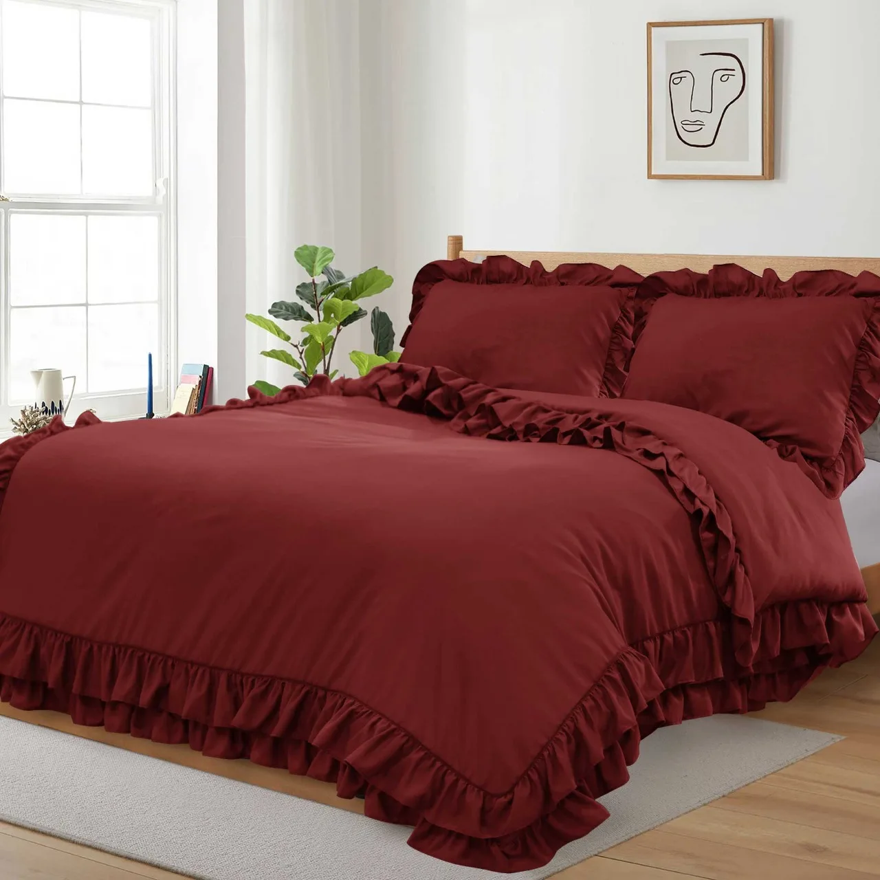 New Design custom made Ruffled style Burgundy Duvet set Microfiber duvet cover custom OEM ODM solid color for bedroom