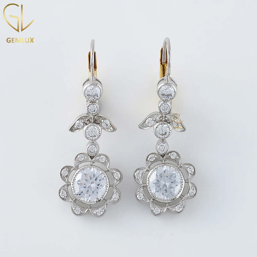 Stunning Antique Art Deco Vintage Style Floral Drop Moissanite Diamond Bezel Set Milgrain Earring Two Tone Gold Wedding Earring